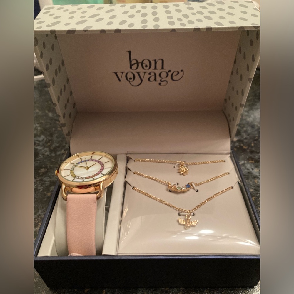 Bon Voyage 💝 Pink Watch & Yellow Gold Necklaces Gift Set 🎁